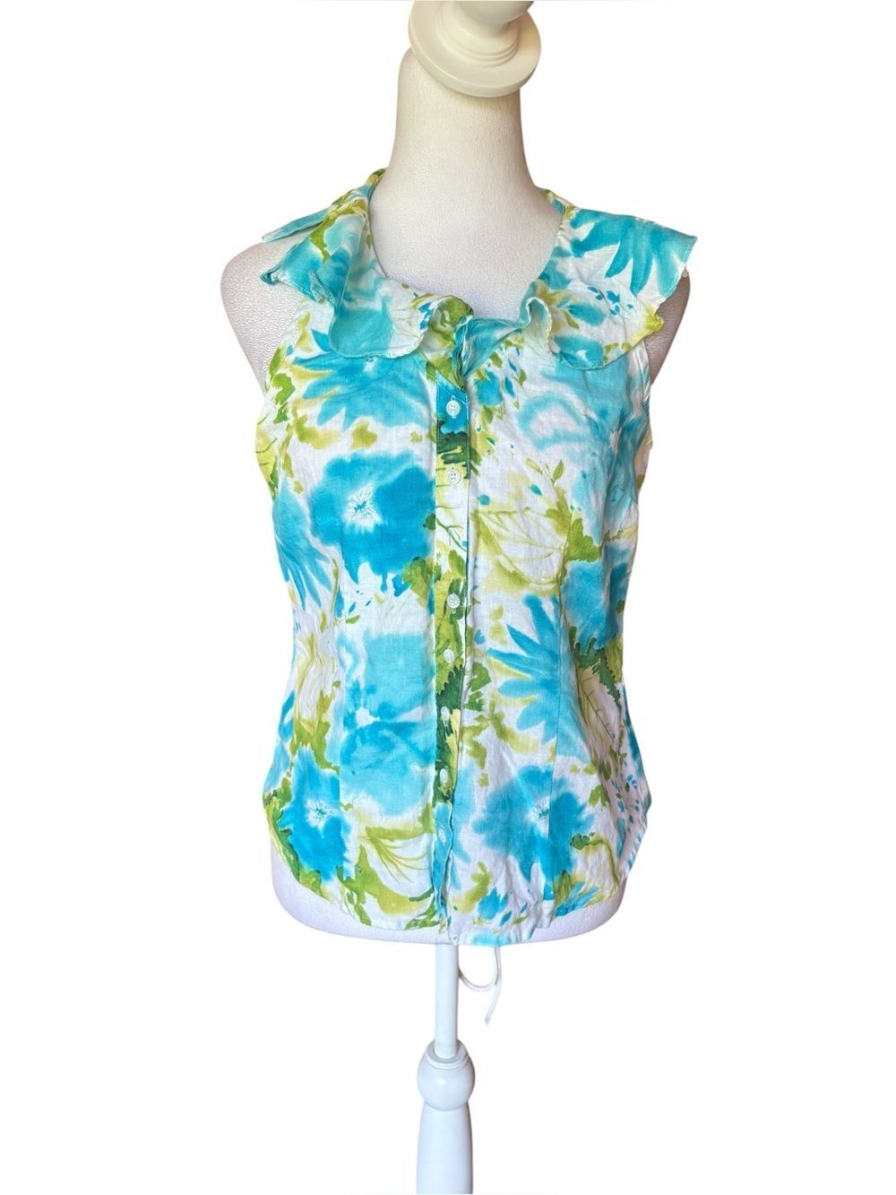 Sunny Leigh Linen Floral Sleeveless Button Up Blouse Top Womens Small